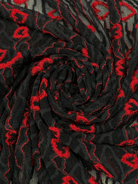 Imperial Red/Black Polyester/Lycra Horizontal Hearts Design Stretch Lace Netting 45W