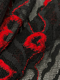 Imperial Red/Black Polyester/Lycra Horizontal Hearts Design Stretch Lace Netting 45W