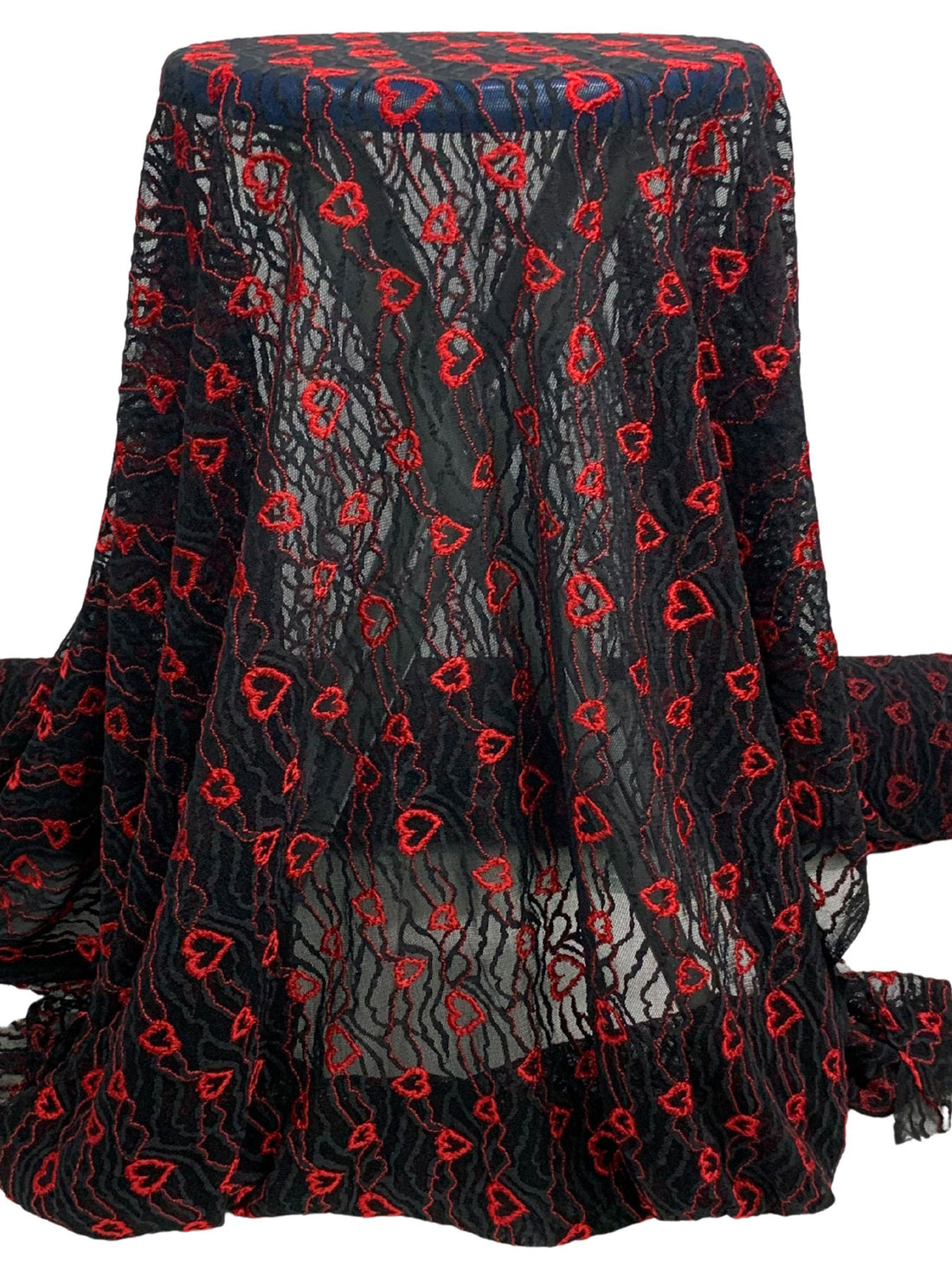 Imperial Red/Black Polyester/Lycra Horizontal Hearts Design Stretch Lace Netting 45W