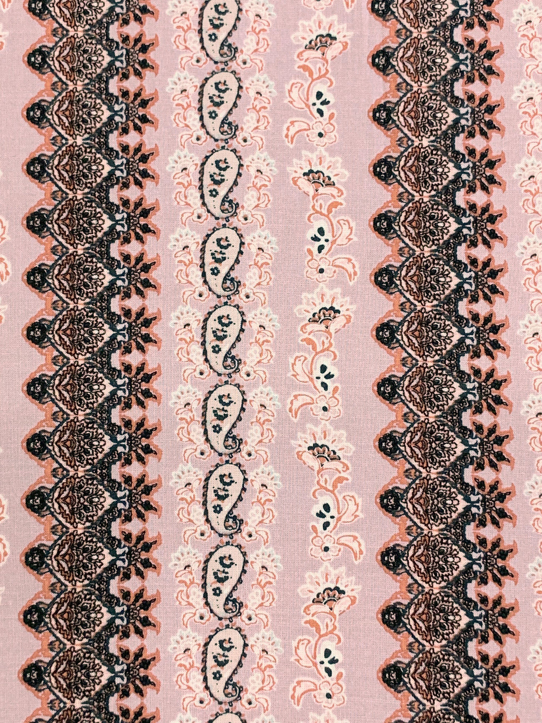 Dusty Pink/Copper Red/Off-White/Multi 100% Rayon Vertical Ornate Paisley Stripe Print Challis 56W