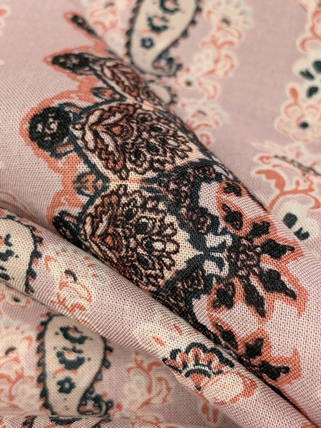 Dusty Pink/Copper Red/Off-White/Multi 100% Rayon Vertical Ornate Paisley Stripe Print Challis 56W