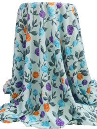 Skylight/Spartan Green/Bright Sky Blue/Multi 100% Rayon Watercolor Painted Floral Print Sateen Challis 54W