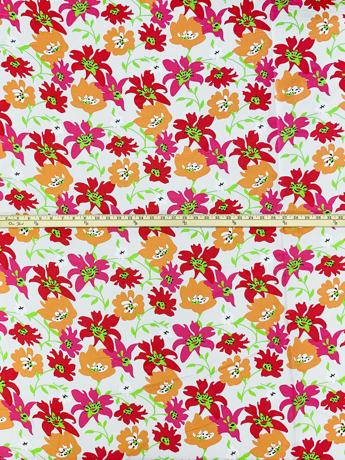 White/French Rose/Mango/Multi 100% Cotton Stylized Floral Print Voile 58W