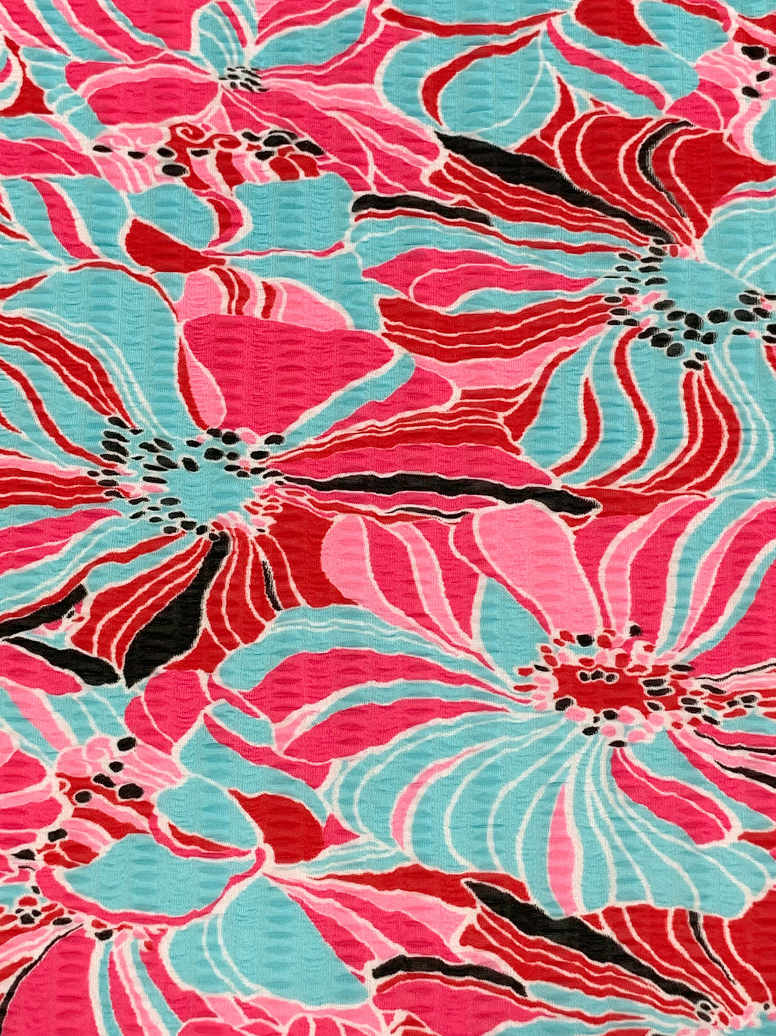 Caribbean Blue/Venetian Red/Flamingo Pink Polyester/Lycra Floral Print Crinkle Sheer Knit 56W