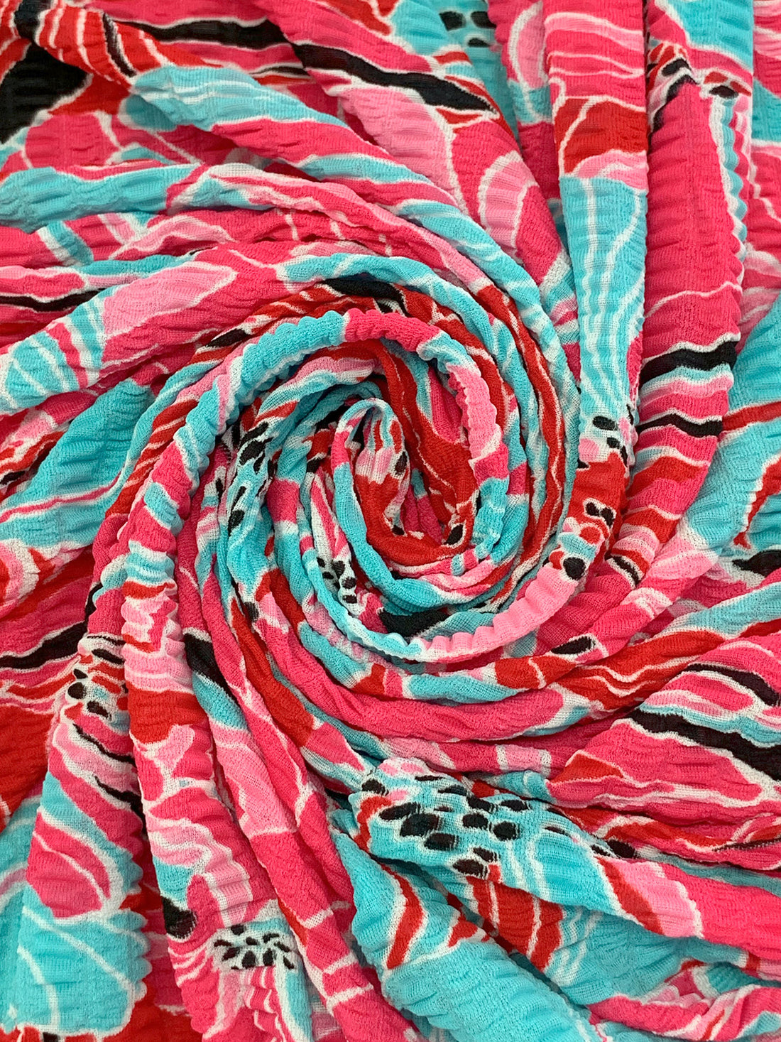 Caribbean Blue/Venetian Red/Flamingo Pink Polyester/Lycra Floral Print Crinkle Sheer Knit 56W