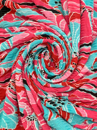 Caribbean Blue/Venetian Red/Flamingo Pink Polyester/Lycra Floral Print Crinkle Sheer Knit 56W