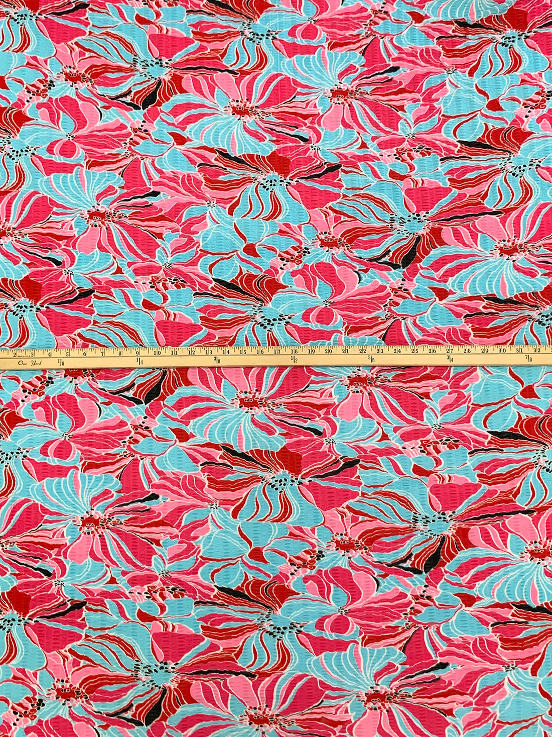 Caribbean Blue/Venetian Red/Flamingo Pink Polyester/Lycra Floral Print Crinkle Sheer Knit 56W