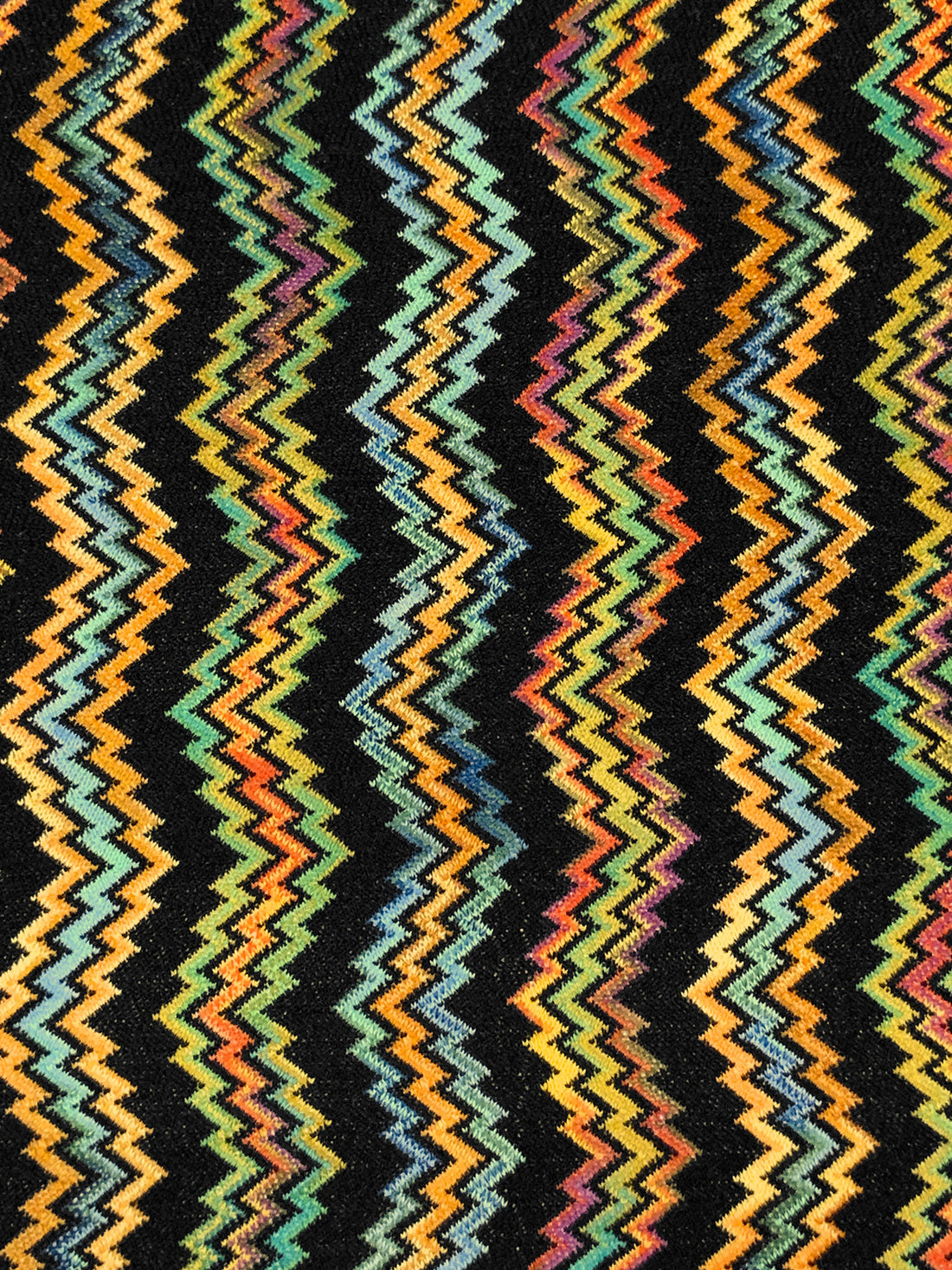 Moonstone Blue/Straw/Mandarin/Multi 100% Polyester Vertical Variegated Zig Zag Design Crinkle Sheer Knit - NY Designer - 68W