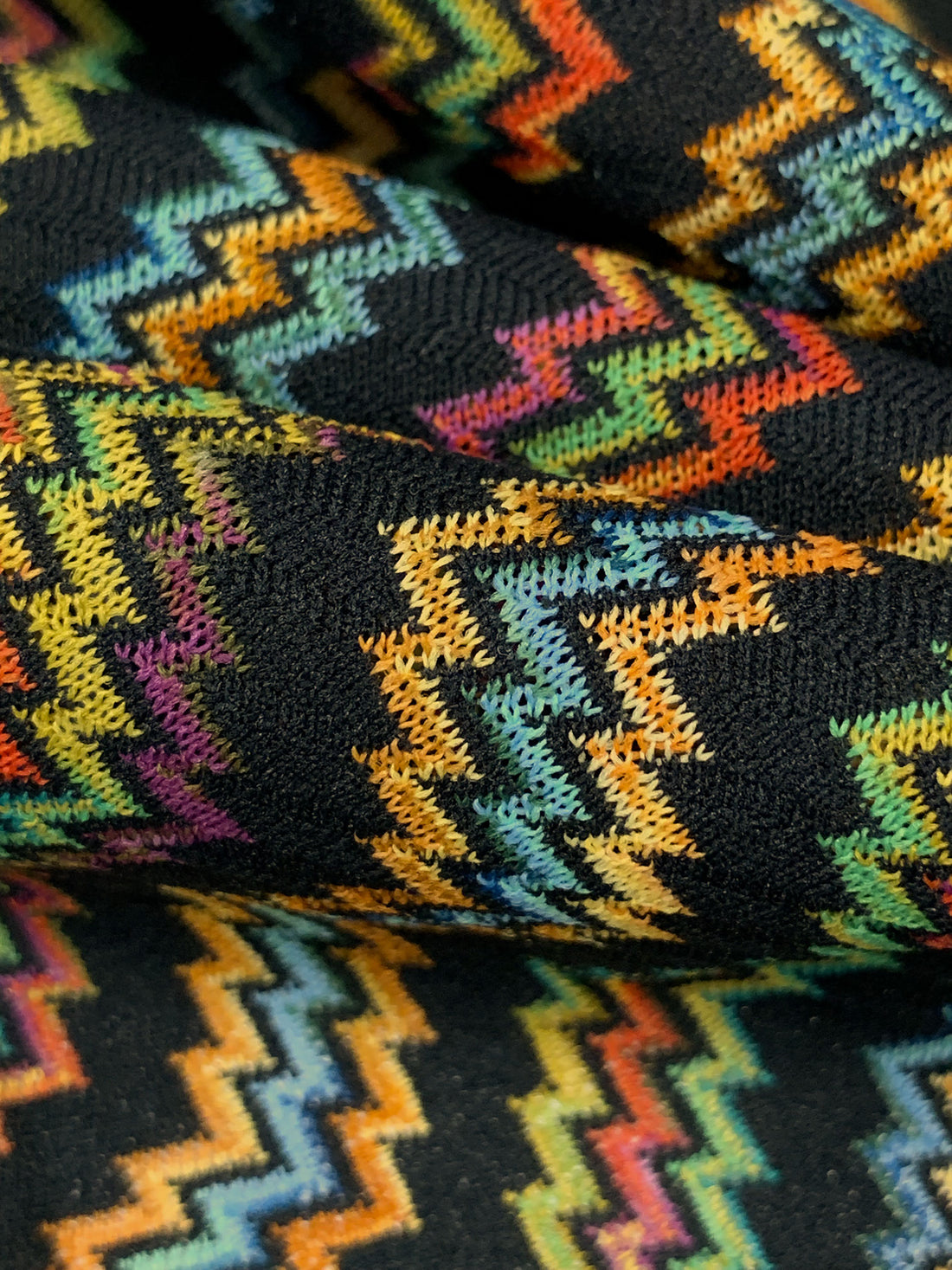 Moonstone Blue/Straw/Mandarin/Multi 100% Polyester Vertical Variegated Zig Zag Design Crinkle Sheer Knit - NY Designer - 68W