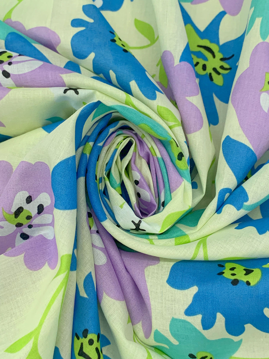Cyan Cornflower Blue/Tropical Violet/Soft Celery/Multi 100% Cotton Stylized Floral Print Voile 56W