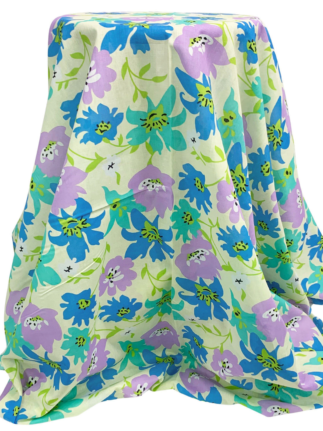 Cyan Cornflower Blue/Tropical Violet/Soft Celery/Multi 100% Cotton Stylized Floral Print Voile 56W