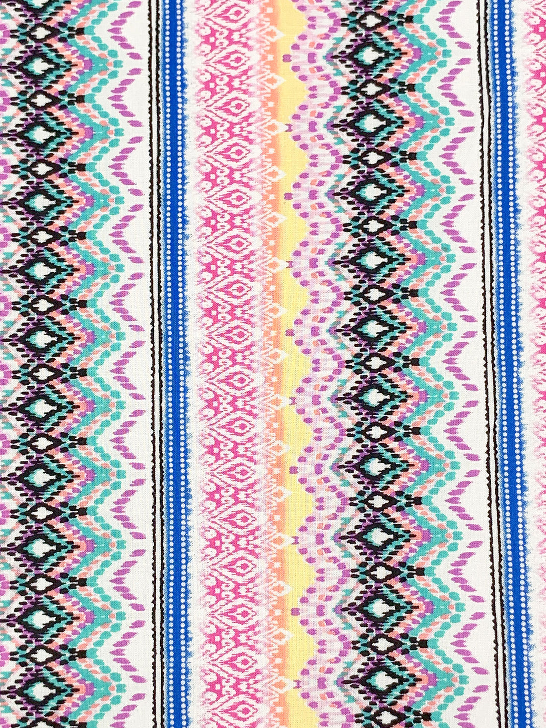 Light Teal/Dark Pink/Blue/White/Multi 100% Rayon Vertical Stylized Stripe Print Challis 58W