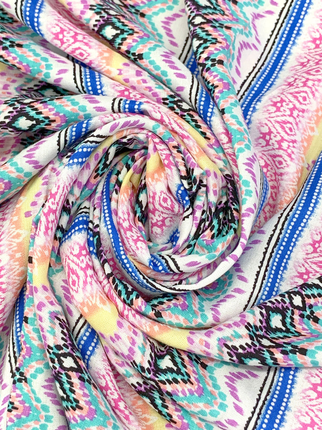 Light Teal/Dark Pink/Blue/White/Multi 100% Rayon Vertical Stylized Stripe Print Challis 58W