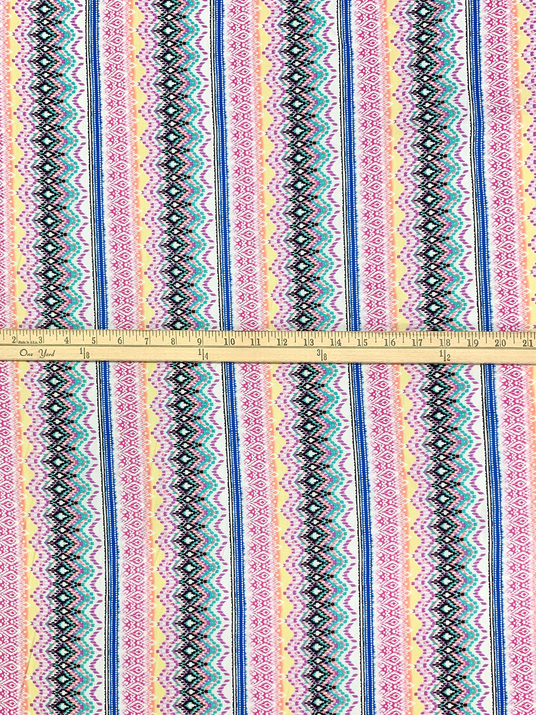 Light Teal/Dark Pink/Blue/White/Multi 100% Rayon Vertical Stylized Stripe Print Challis 58W