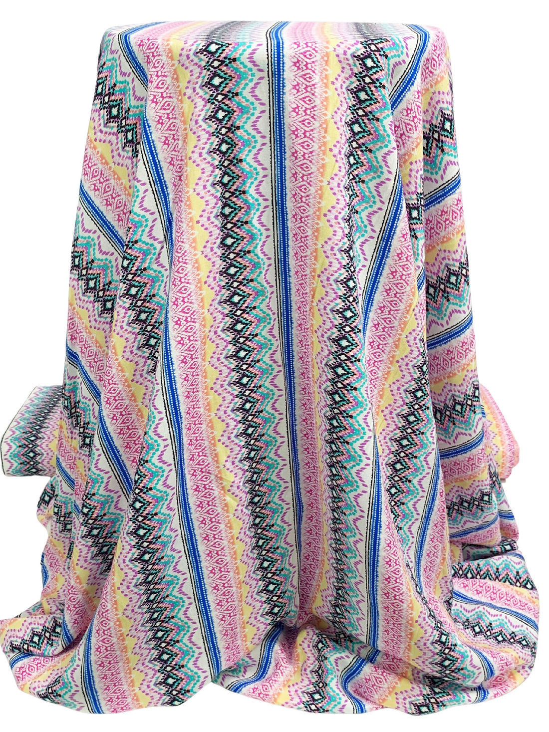 Light Teal/Dark Pink/Blue/White/Multi 100% Rayon Vertical Stylized Stripe Print Challis 58W