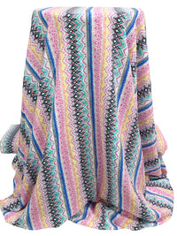 Light Teal/Dark Pink/Blue/White/Multi 100% Rayon Vertical Stylized Stripe Print Challis 58W