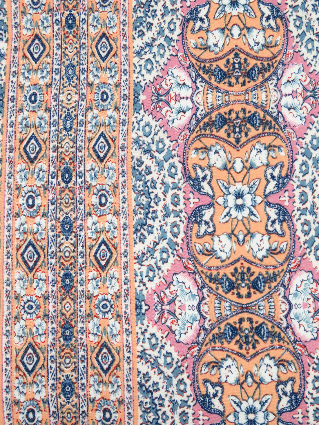 Apricot/White/Soft Pink/Multi 100% Rayon Ornate Floral Vertical Stripe Print Crinkle Challis 54W