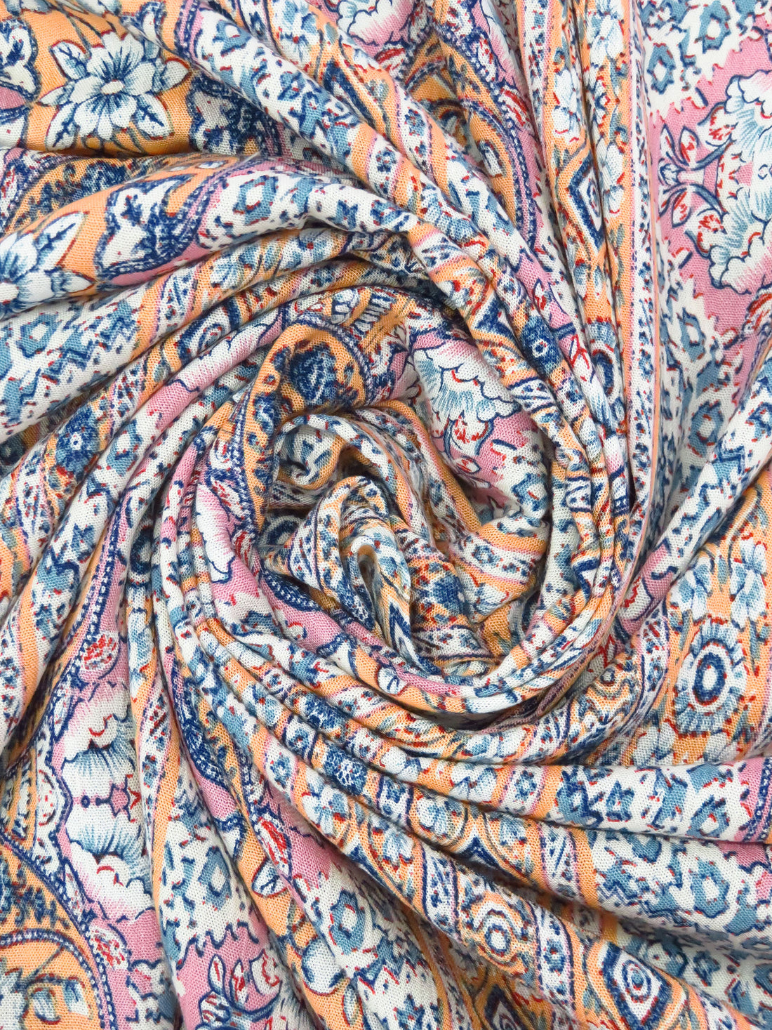 Apricot/White/Soft Pink/Multi 100% Rayon Ornate Floral Vertical Stripe Print Crinkle Challis 54W