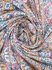 Apricot/White/Soft Pink/Multi 100% Rayon Ornate Floral Vertical Stripe Print Crinkle Challis 54W