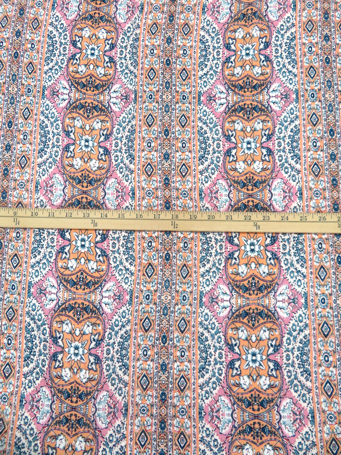 Apricot/White/Soft Pink/Multi 100% Rayon Ornate Floral Vertical Stripe Print Crinkle Challis 54W