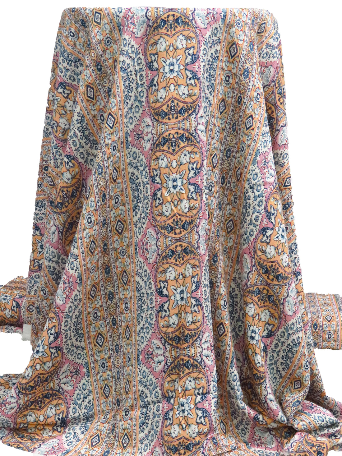 Apricot/White/Soft Pink/Multi 100% Rayon Ornate Floral Vertical Stripe Print Crinkle Challis 54W