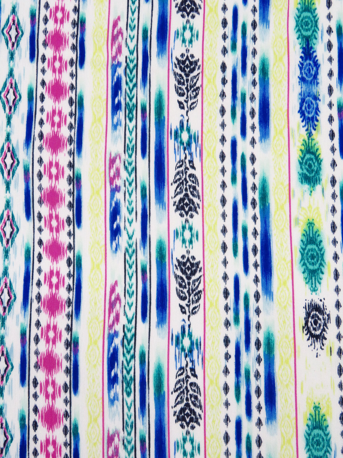 White/Royal Azure/Royal Fuchsia/Multi 100% Rayon Ikat Boho Vertical Stripe Print Crinkle Challis 52W