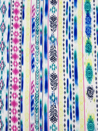 White/Royal Azure/Royal Fuchsia/Multi 100% Rayon Ikat Boho Vertical Stripe Print Crinkle Challis 52W