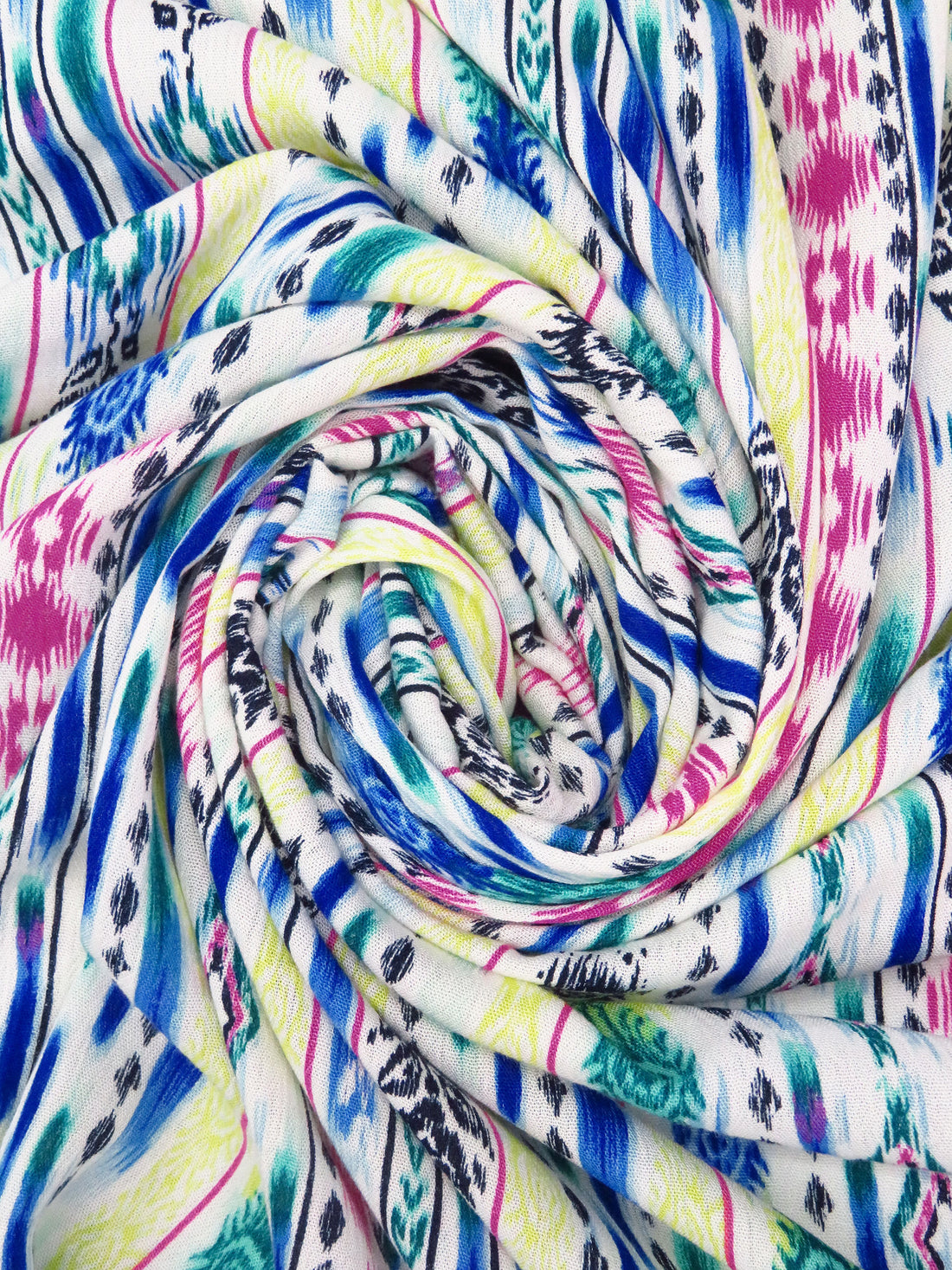 White/Royal Azure/Royal Fuchsia/Multi 100% Rayon Ikat Boho Vertical Stripe Print Crinkle Challis 52W