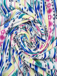 White/Royal Azure/Royal Fuchsia/Multi 100% Rayon Ikat Boho Vertical Stripe Print Crinkle Challis 52W