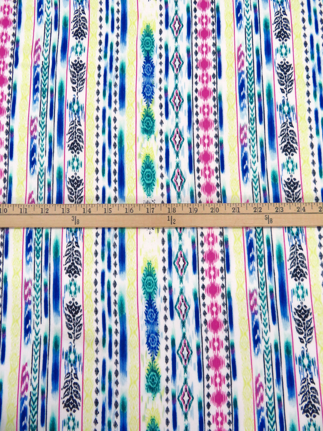 White/Royal Azure/Royal Fuchsia/Multi 100% Rayon Ikat Boho Vertical Stripe Print Crinkle Challis 52W