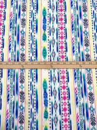 White/Royal Azure/Royal Fuchsia/Multi 100% Rayon Ikat Boho Vertical Stripe Print Crinkle Challis 52W
