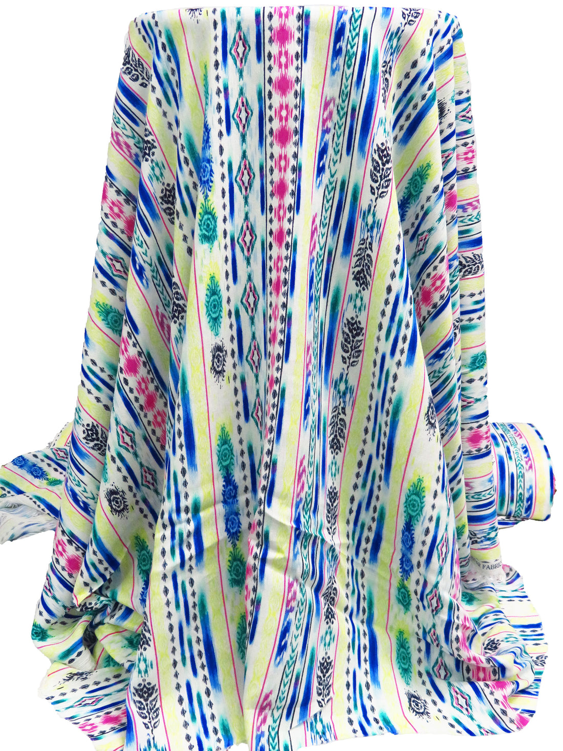 White/Royal Azure/Royal Fuchsia/Multi 100% Rayon Ikat Boho Vertical Stripe Print Crinkle Challis 52W