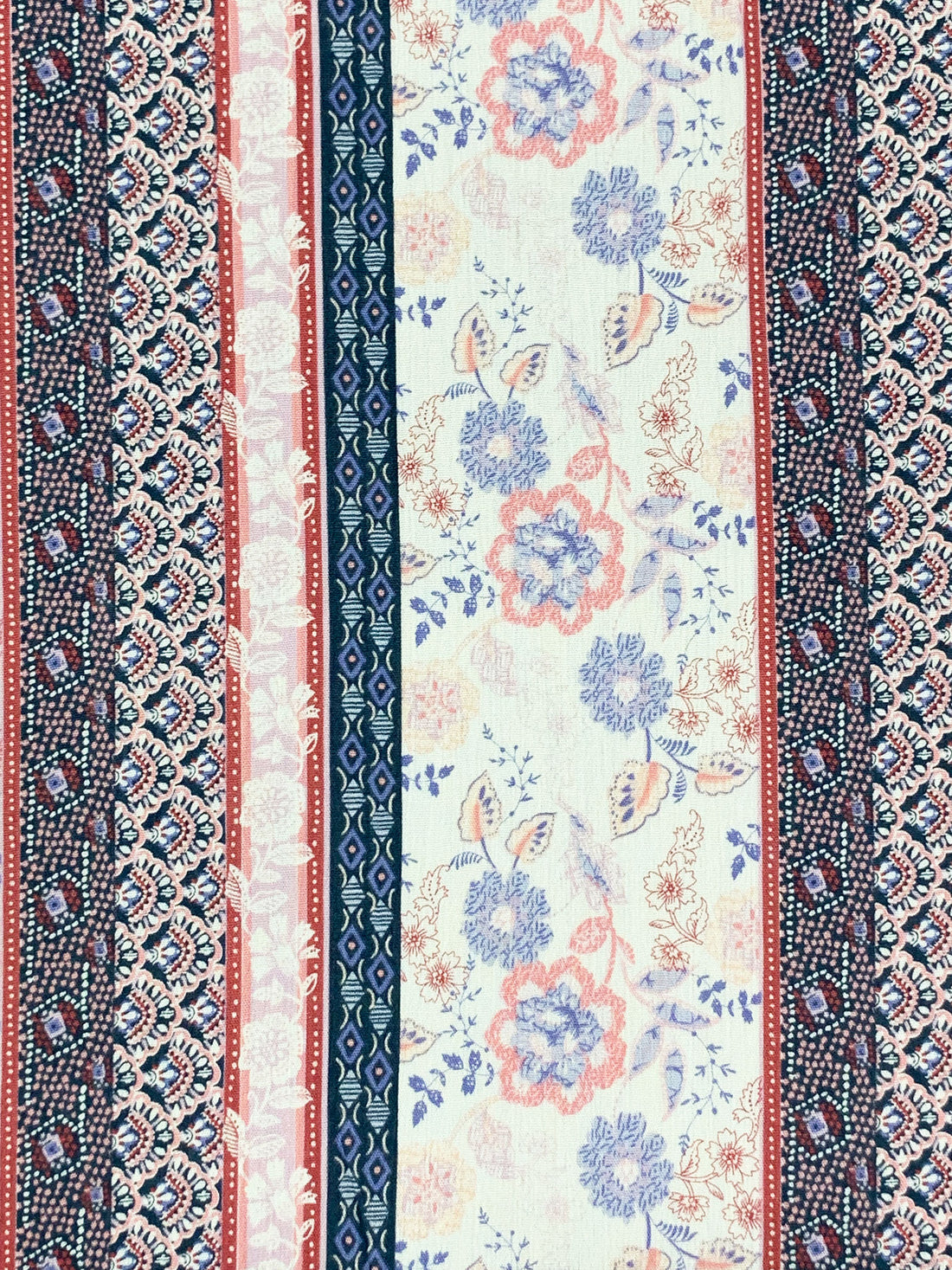 Alabaster/Prussian Blue/Chestnut/Multi 100% Rayon Vertical Floral Stripe Print Crinkle Challis 56W