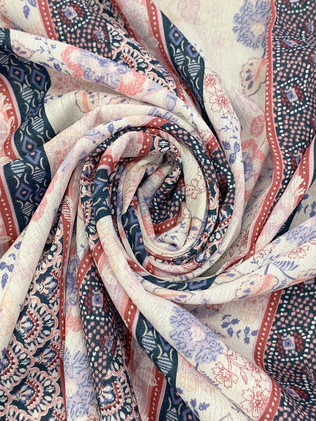 Alabaster/Prussian Blue/Chestnut/Multi 100% Rayon Vertical Floral Stripe Print Crinkle Challis 56W