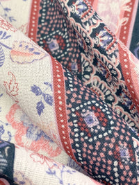 Alabaster/Prussian Blue/Chestnut/Multi 100% Rayon Vertical Floral Stripe Print Crinkle Challis 56W