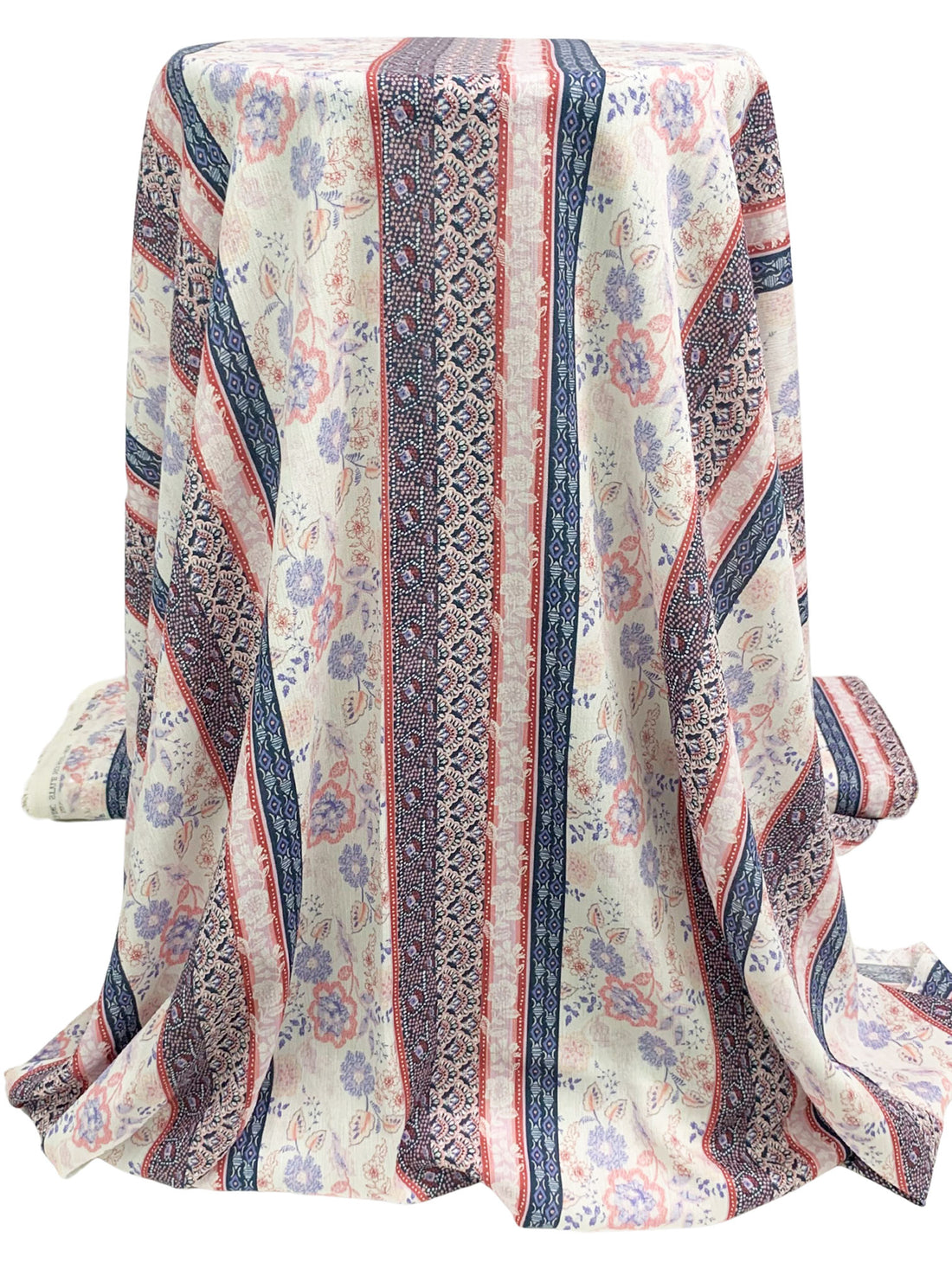 Alabaster/Prussian Blue/Chestnut/Multi 100% Rayon Vertical Floral Stripe Print Crinkle Challis 56W