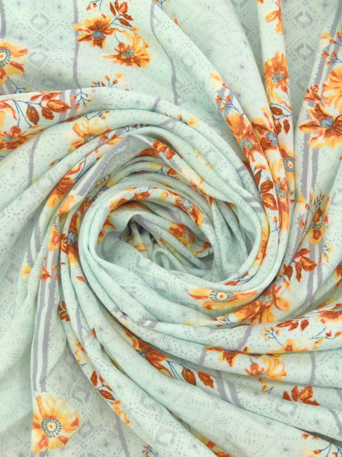 Pale Mint/Ochre/Cloud Gray/Multi 100% Rayon Floral Vertical Stripe Print Challis 58W