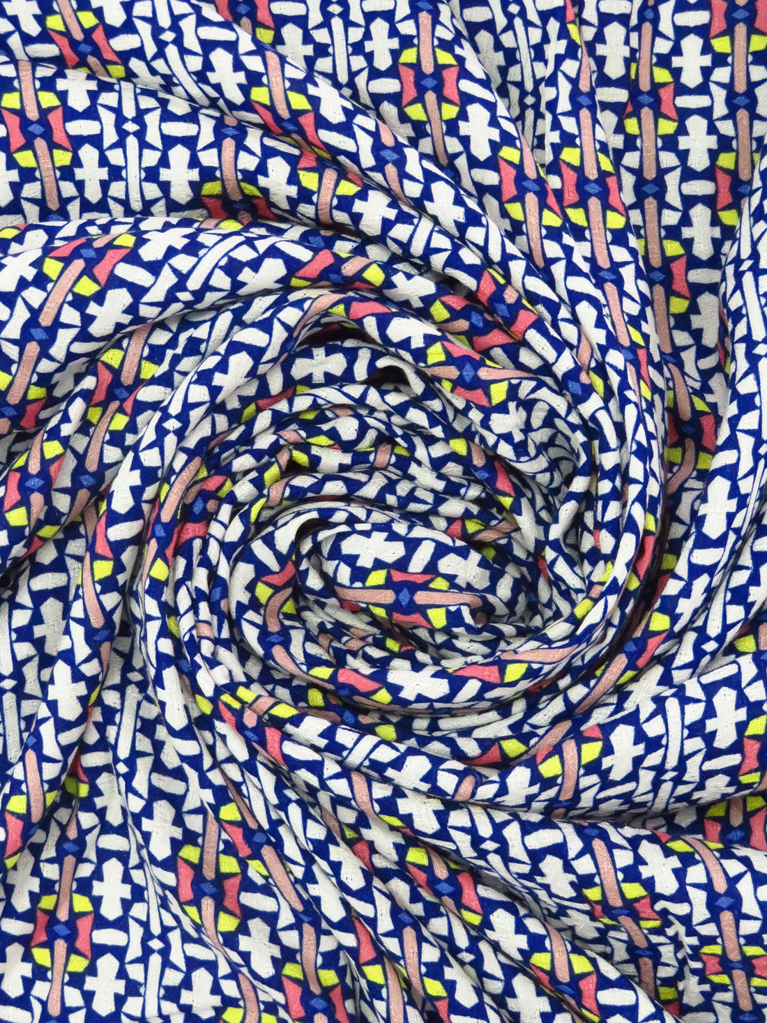 Dark Royal Blue/White/Dark Coral/Multi 100% Rayon Geometric Stripe Print Jacquard Challis 54W