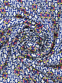 Dark Royal Blue/White/Dark Coral/Multi 100% Rayon Geometric Stripe Print Jacquard Challis 54W