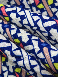 Dark Royal Blue/White/Dark Coral/Multi 100% Rayon Geometric Stripe Print Jacquard Challis 54W