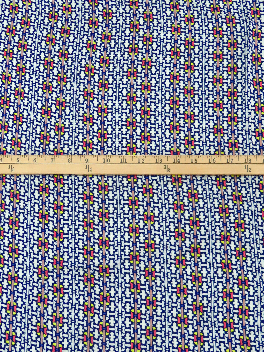 Dark Royal Blue/White/Dark Coral/Multi 100% Rayon Geometric Stripe Print Jacquard Challis 54W