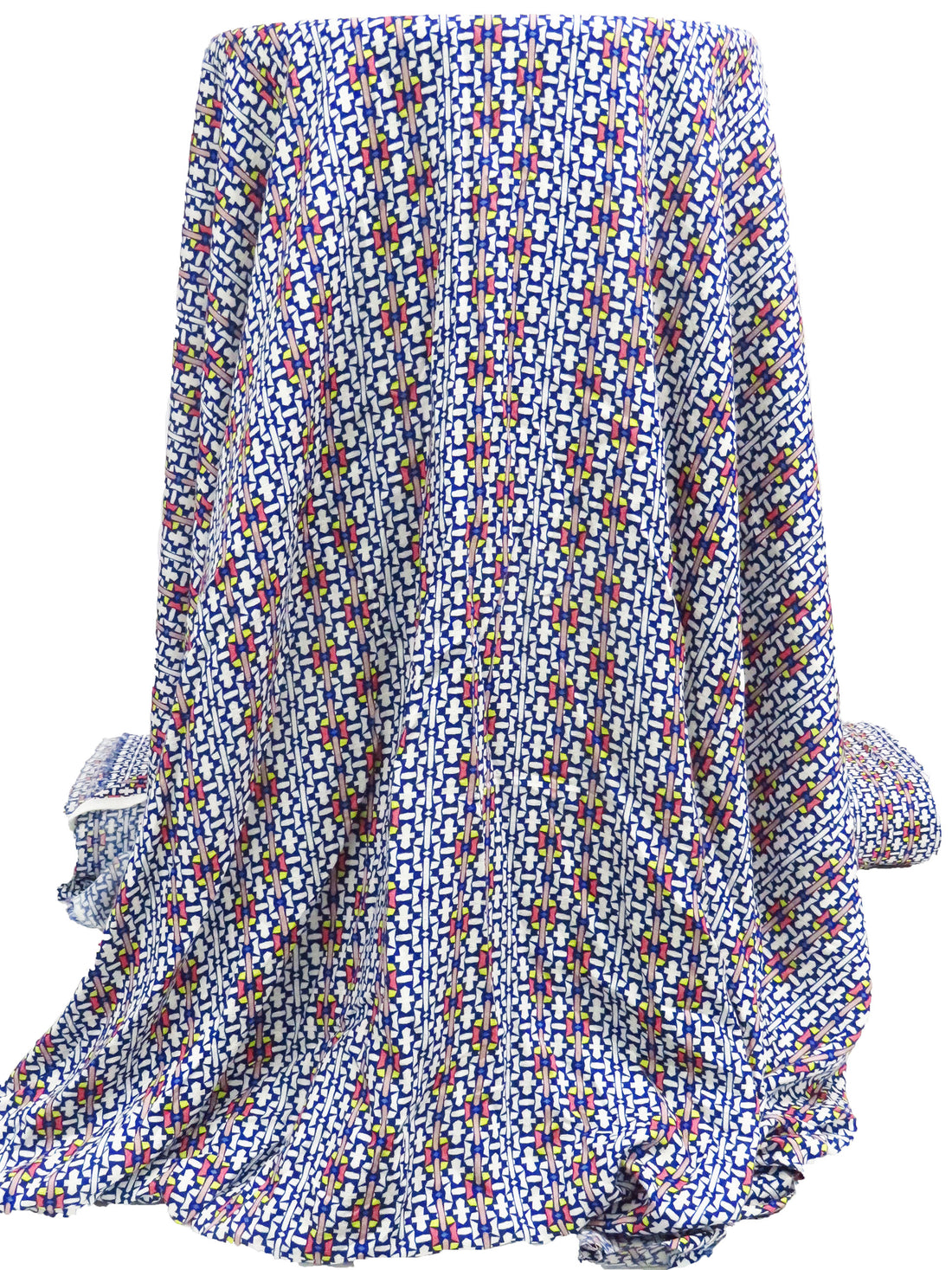 Dark Royal Blue/White/Dark Coral/Multi 100% Rayon Geometric Stripe Print Jacquard Challis 54W