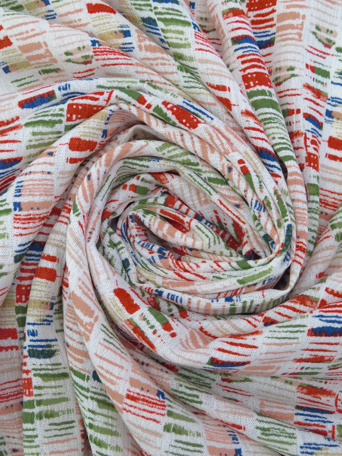 Salmon/Brick Red/Grass Green/Multi 100% Rayon Abstract Stripe Design Print Crinkle Challis 50W