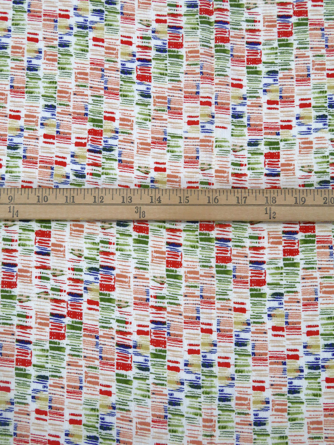 Salmon/Brick Red/Grass Green/Multi 100% Rayon Abstract Stripe Design Print Crinkle Challis 50W