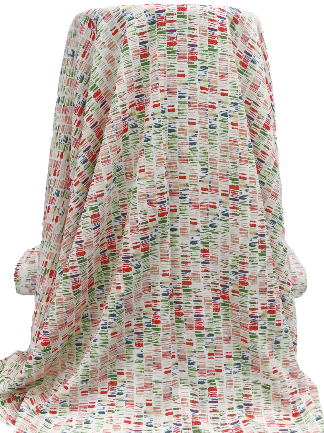 Salmon/Brick Red/Grass Green/Multi 100% Rayon Abstract Stripe Design Print Crinkle Challis 50W