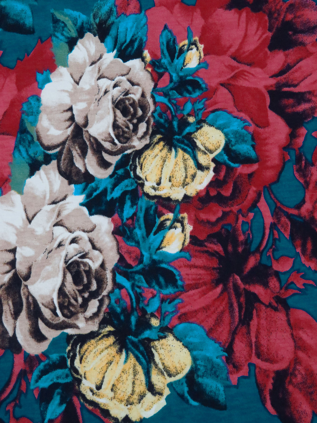 Midnight Teal/Bright Mauve/Tan Polyester/Lycra Floral Bouquet Print Slubbed ITY Knit 56W