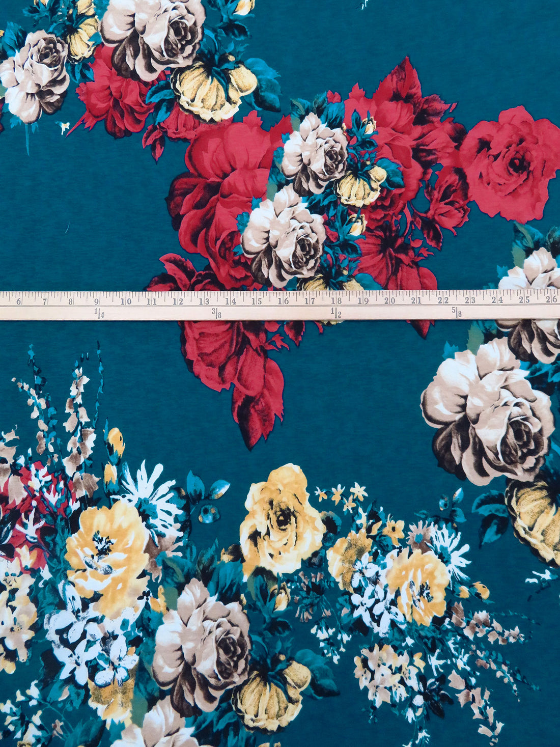 Midnight Teal/Bright Mauve/Tan Polyester/Lycra Floral Bouquet Print Slubbed ITY Knit 56W