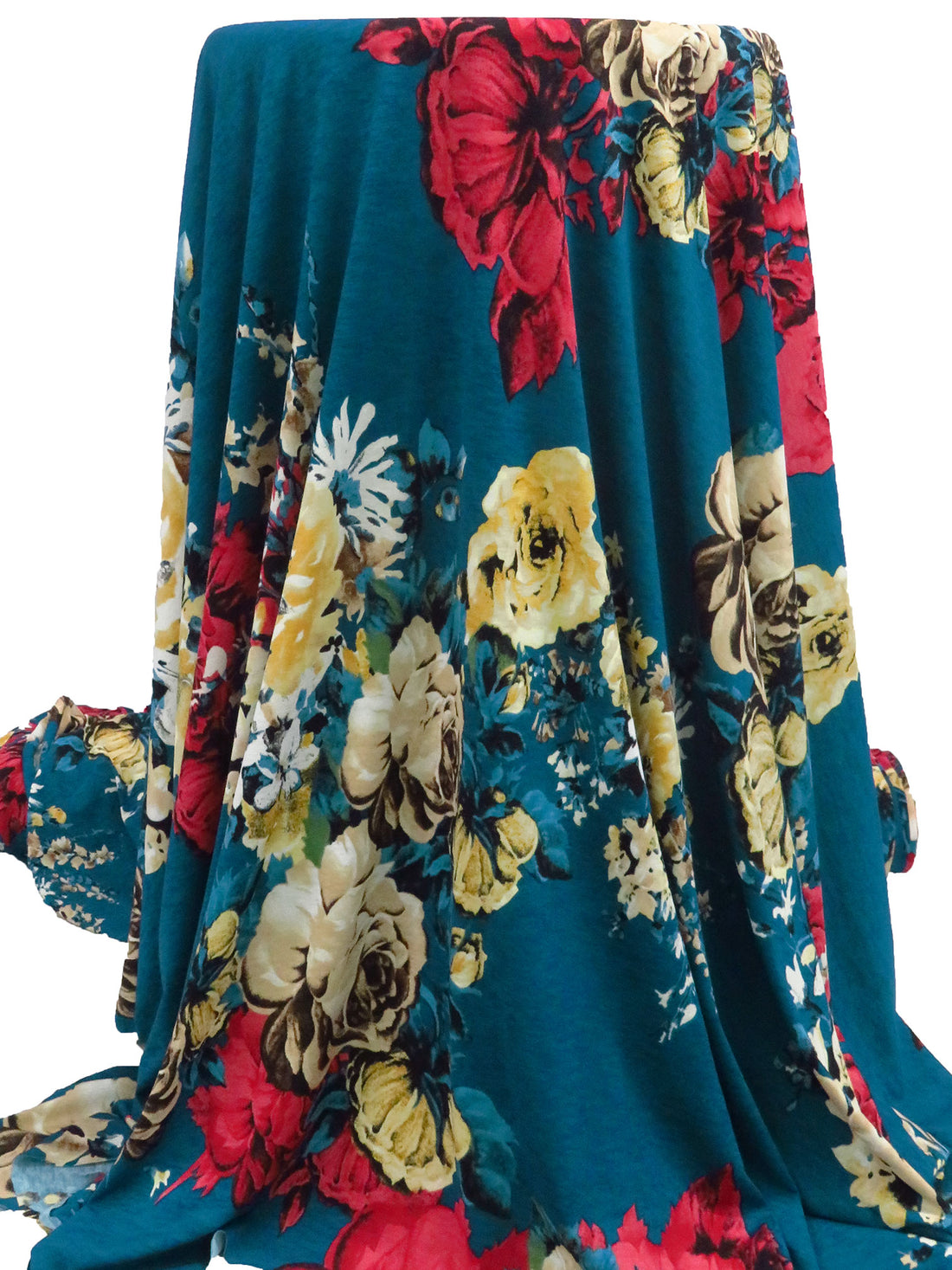 Midnight Teal/Bright Mauve/Tan Polyester/Lycra Floral Bouquet Print Slubbed ITY Knit 56W