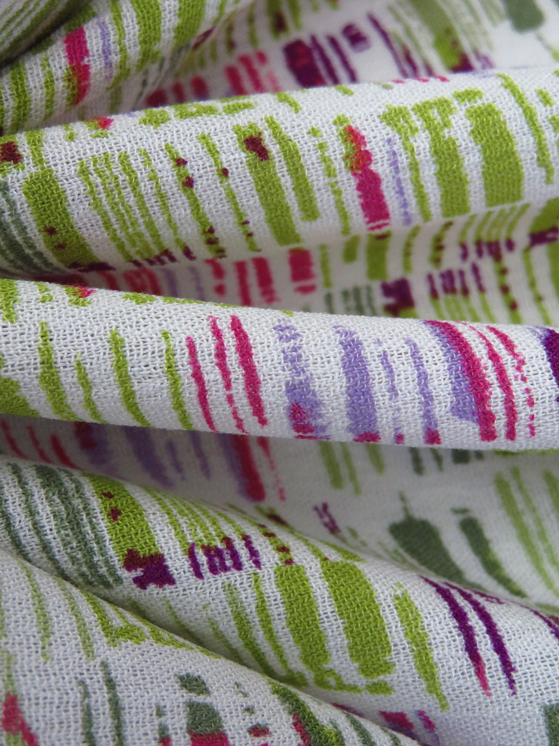 Avocado/Lilac/Fuchsia/White 100% Rayon Abstract Stripe Design Print Crinkle Challis 54W