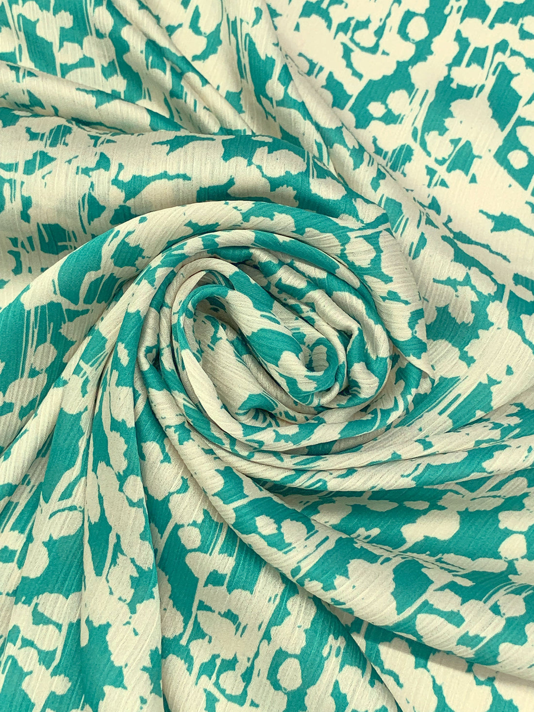 Teal/Cream 100% Polyester Abstract Floral Print Satin-Faced Crinkle Chiffon 56W
